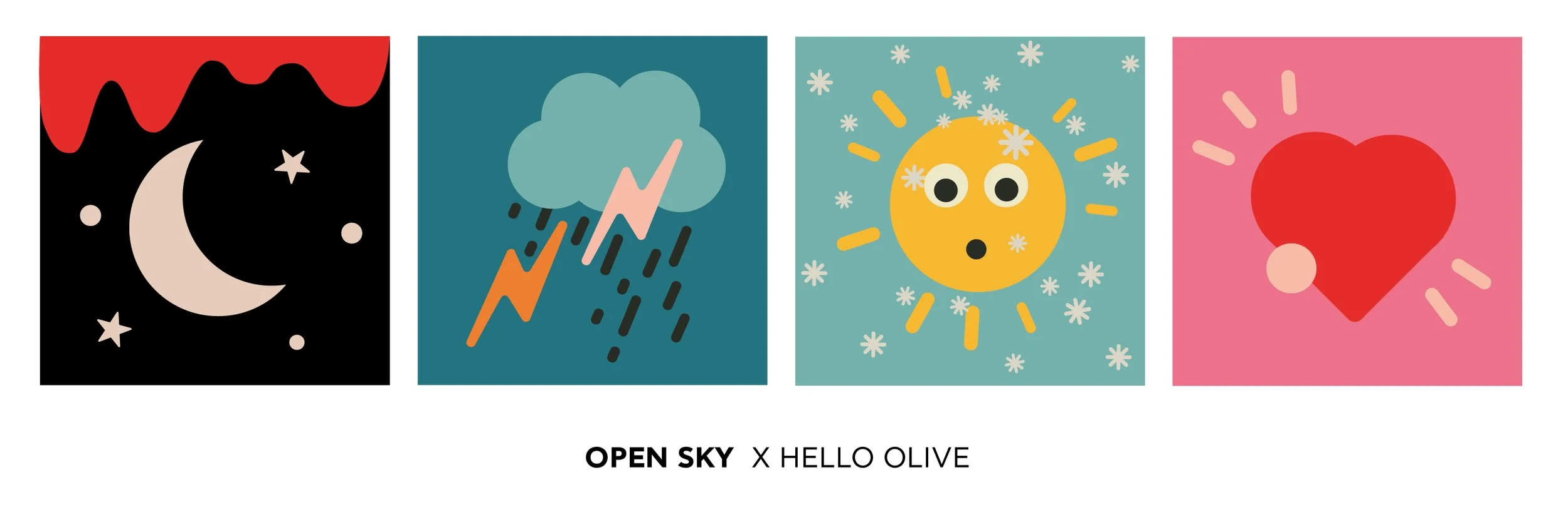 Four colorful squares with abstract weather and celestial themes, featuring a night sky with a crescent moon and stars, a cloud with lightning and rain, a sun with a face, and a pink background with a red heart and pink rays. Text below reads "OPEN SKY x HELLO OLIVE."