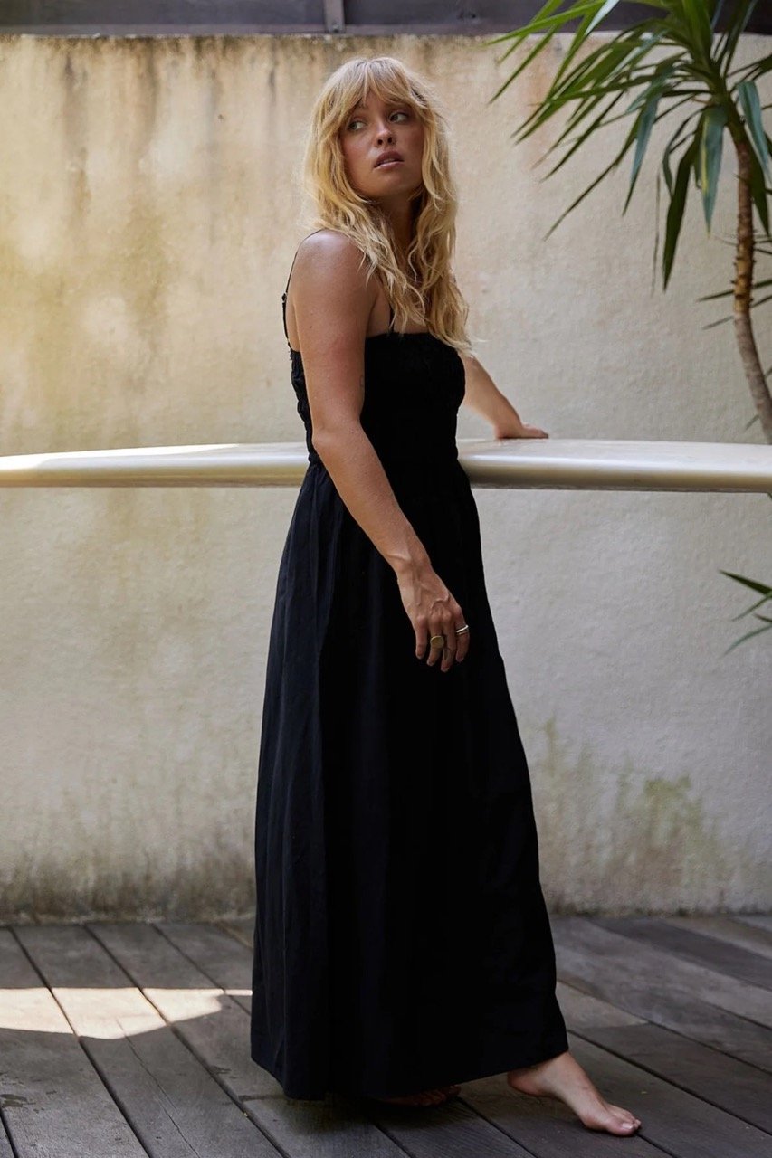 Rhythm Classic Shirred Midi Dress - Black