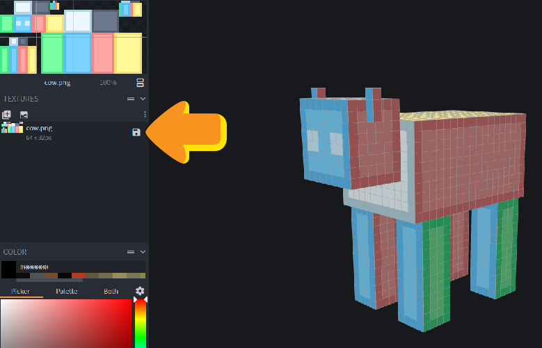 Preview of where to "save" your texture in Blockbench, taken from one of ArtsByKev's "for kids" tutorials