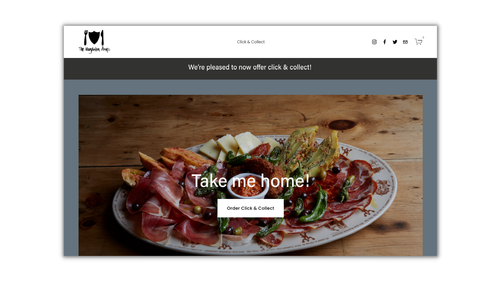 Web design for The Magdalen Arms in Oxford, a pub and restaurant. The home page displays a plate of assorted cured meats, cheese, bread, and vegetables on a wooden table, with the text "Take me home!" overlaid.