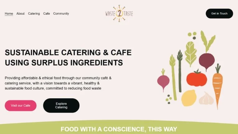 Storefront of The Jericho Café with a red awning, brick buildings, street, and Local Independent Café text in stylish web design.