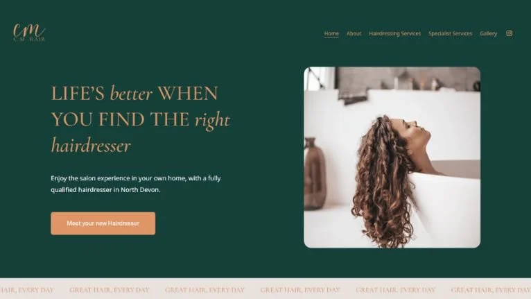 Stylish web design featuring a woman having her hair washed and tips for finding the right hairdresser in North Devon.
