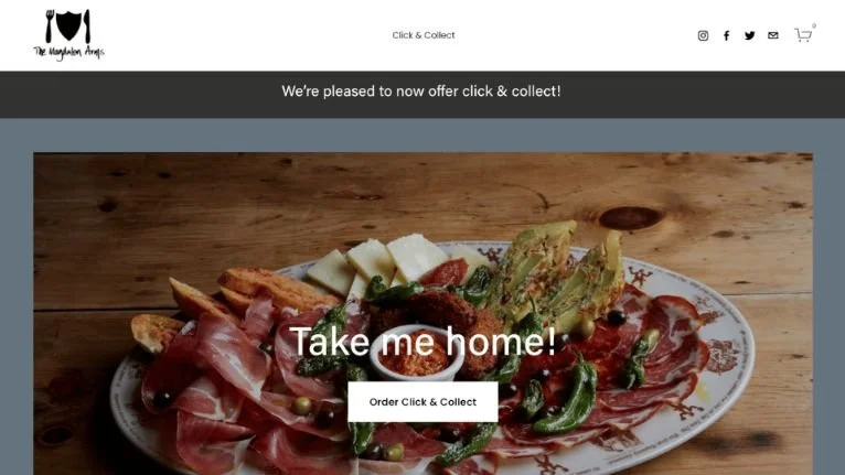 A charcuterie platter with meats, cheese, and salad on a wooden table; text reads Take me home! Order Click & Collect—web design inspired.