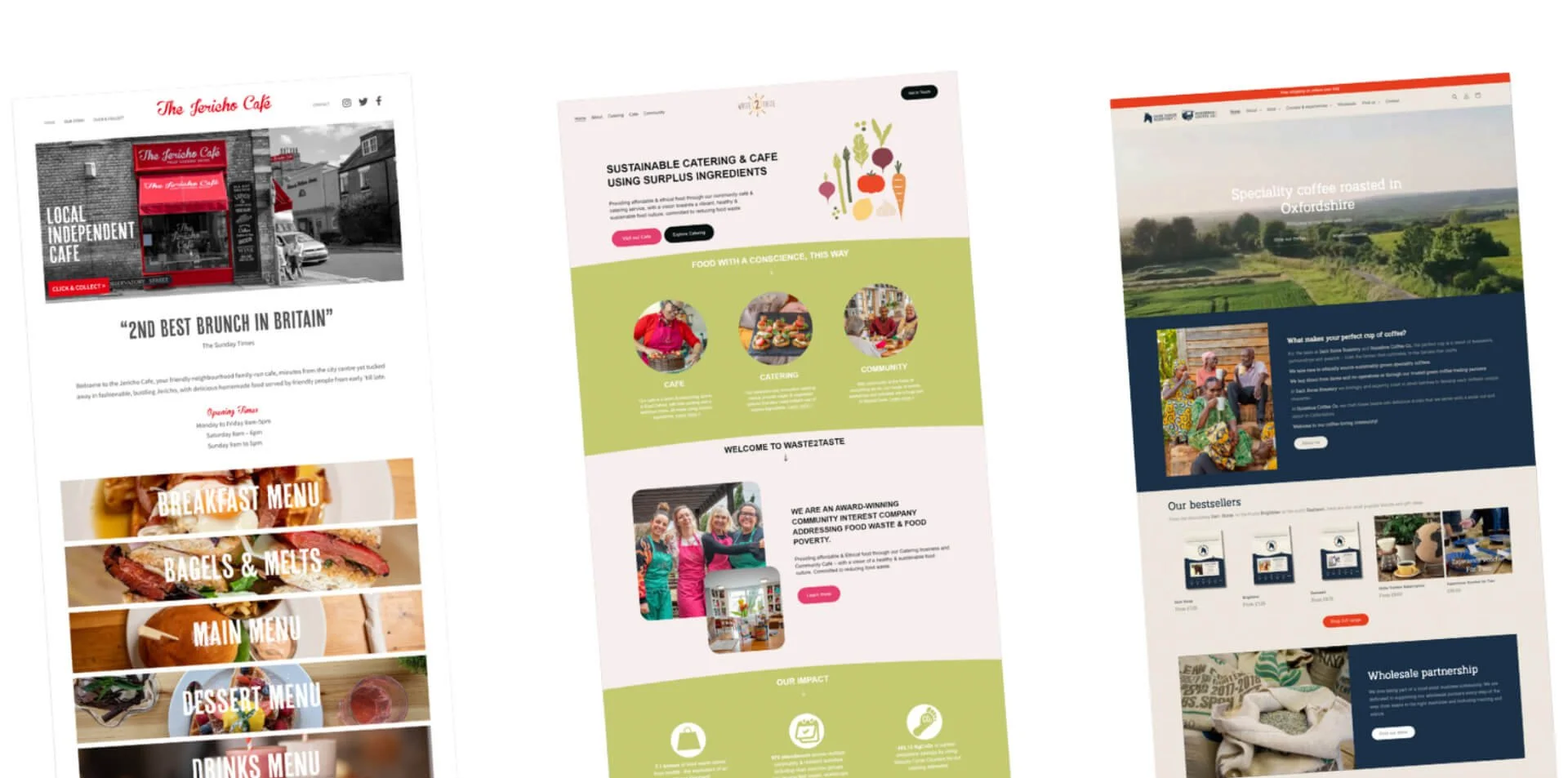 Three overlapping website pages for cafes and food-related businesses with various layouts, images, and text.