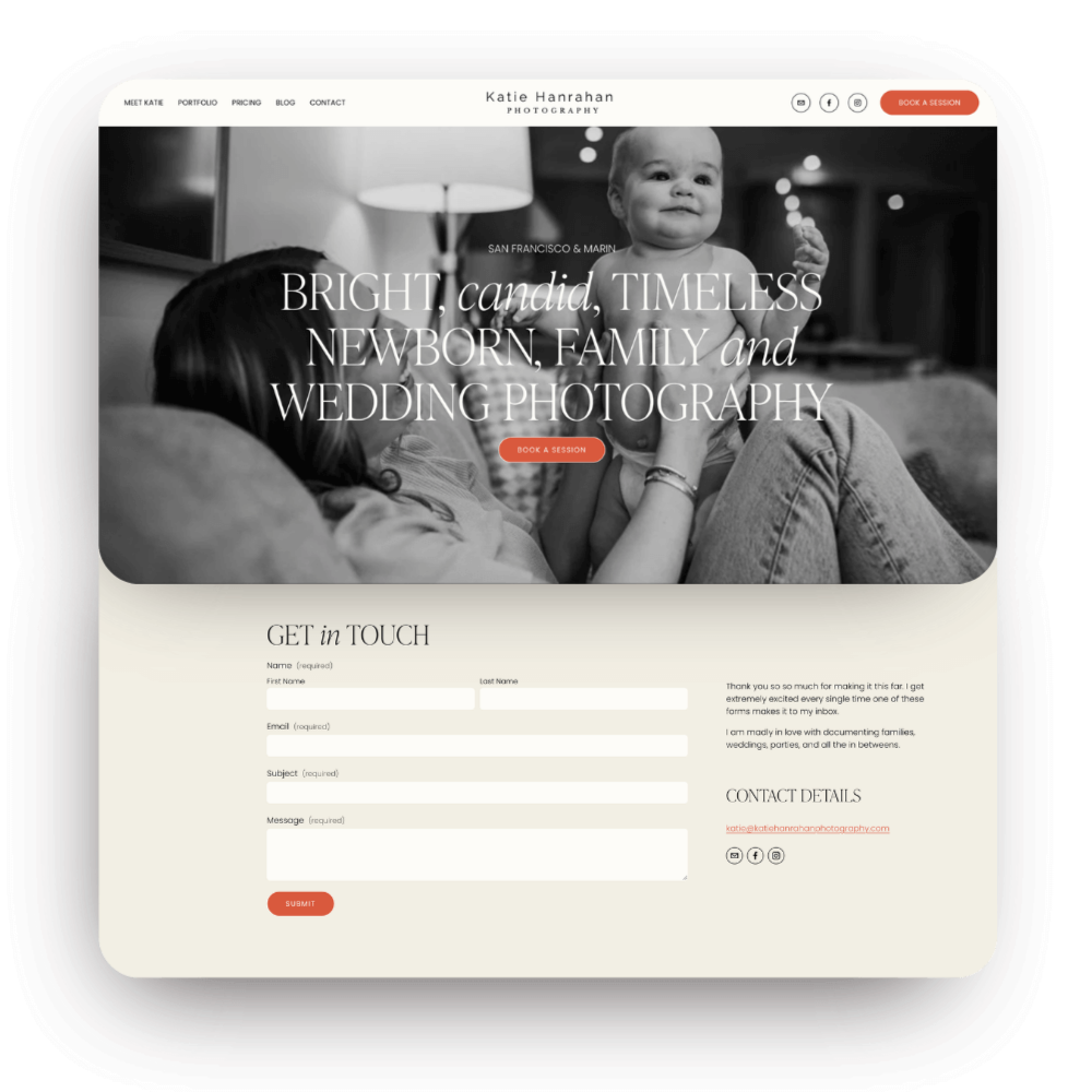 A photography website homepage for Katie Hanrahan Photography featuring a black-and-white photo of a baby and a woman, with text about photography services and a contact form.