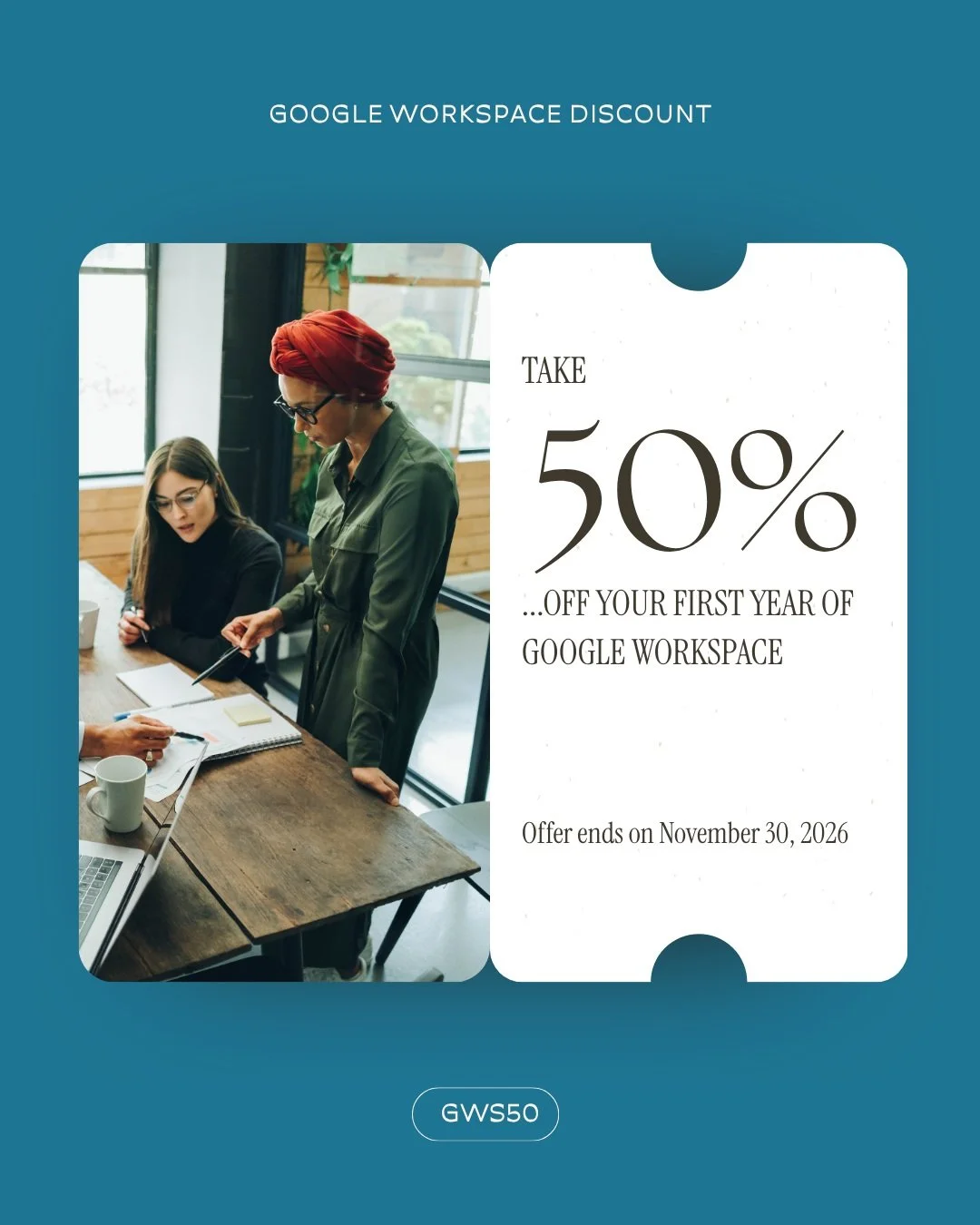 Another excellent discount: in partnership with Squarespace, Google is offering a 50% discount off your first year of Google Workspace. 

If you don't know, Google Workspace is a paid professional email account which is so foundational for your busin