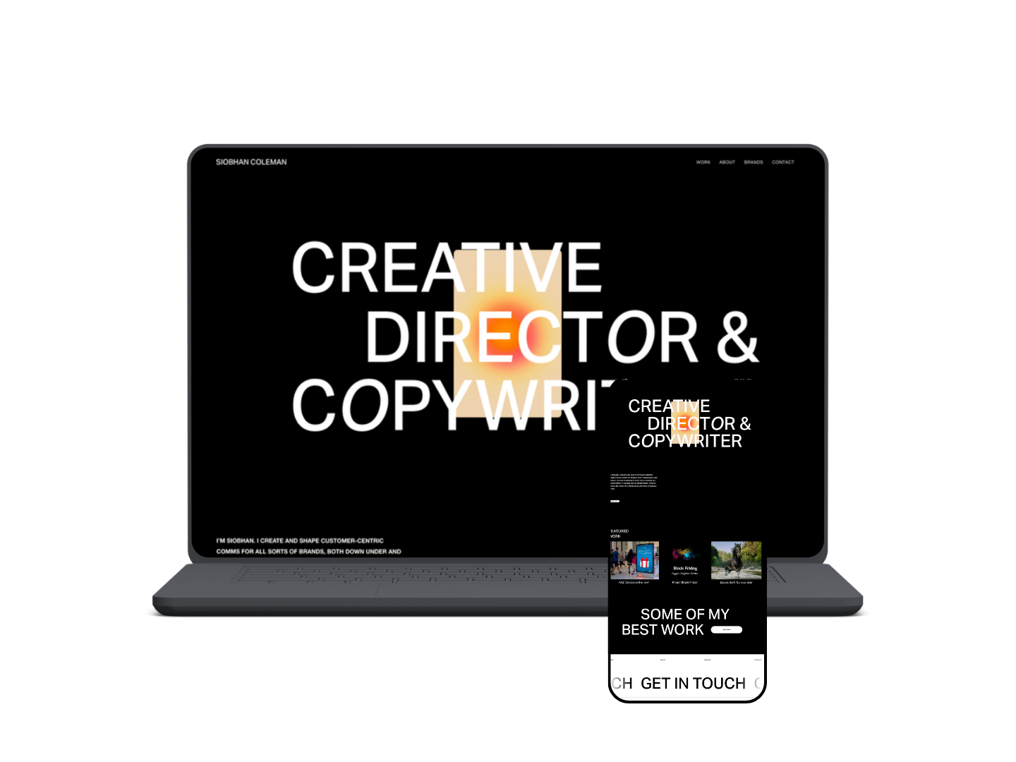 A laptop and a smartphone mockup of Squarespace site design for a creative copywriter, dark background.