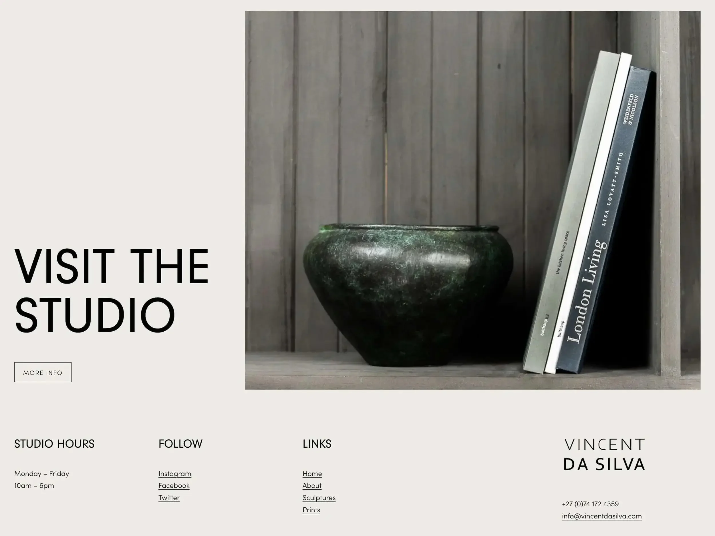 screenshot of part of sculptor website home page showing 'visit the studio' and bronze bowl