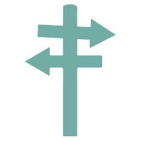 A directional signpost with arrows pointing in four directions.