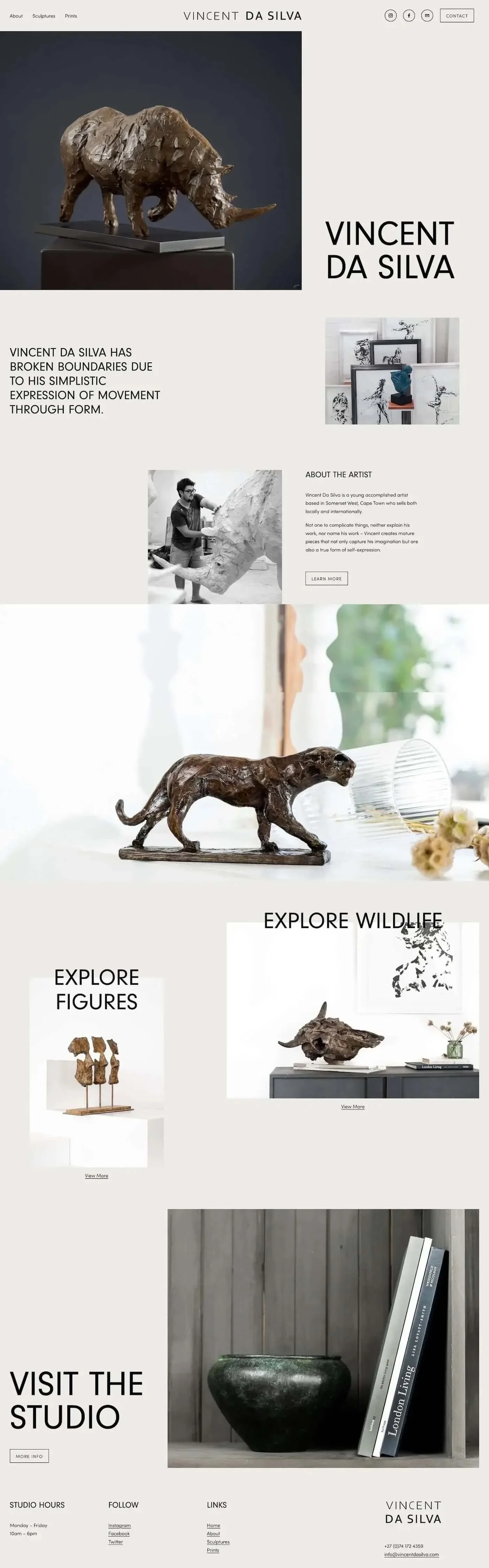 long form screenshot of sculptor website showing bronze sculptures