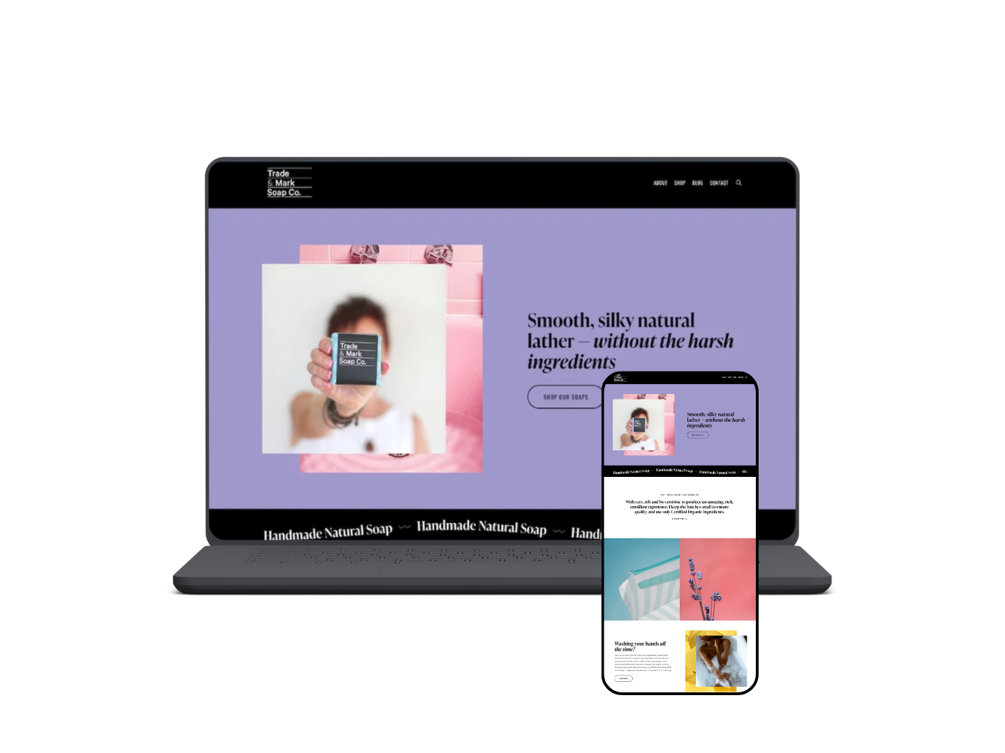 Website mockup desktop and mobile showing the site design for Trade + Mark Soap Co.
