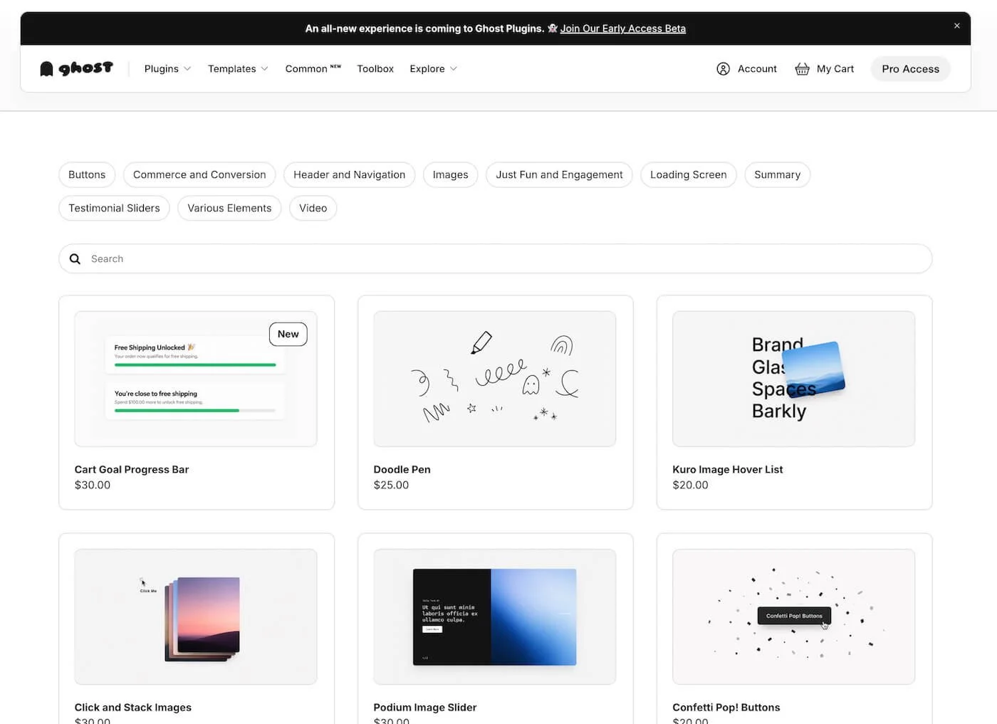 Ghost Marketplace page showing a range of free and paid plugins for Squarespace