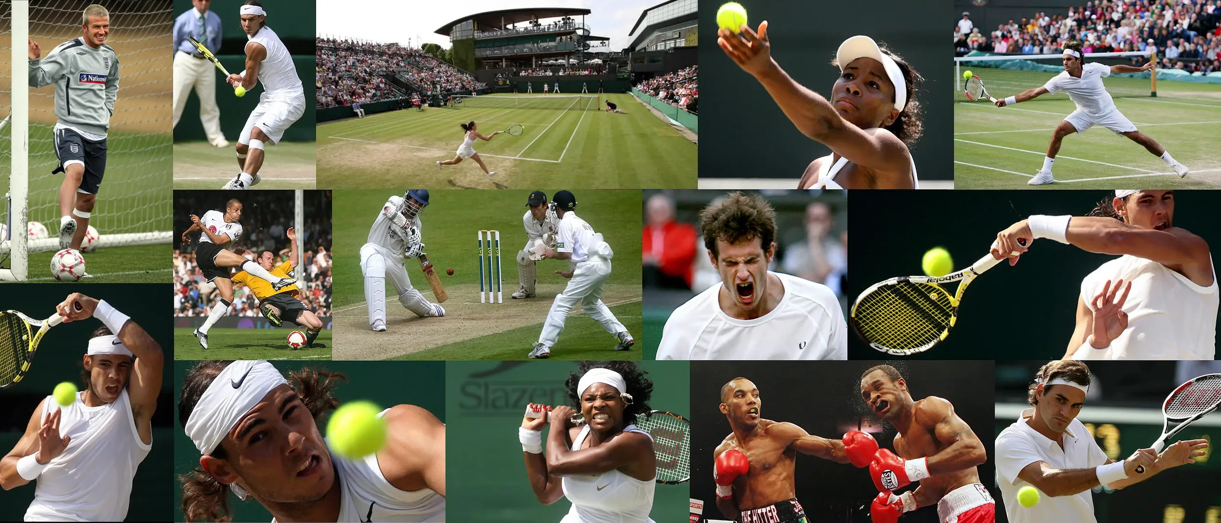 A collage of iconic sports photography by Lewis Whyld including David Beckham, world cup football, wimbledon tennis finals and internatinal cricket.