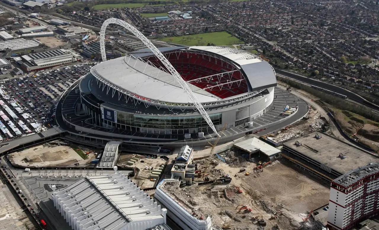 Lewis Whyld's aerial view of Wembley Stadium and the surrounding sports complex.