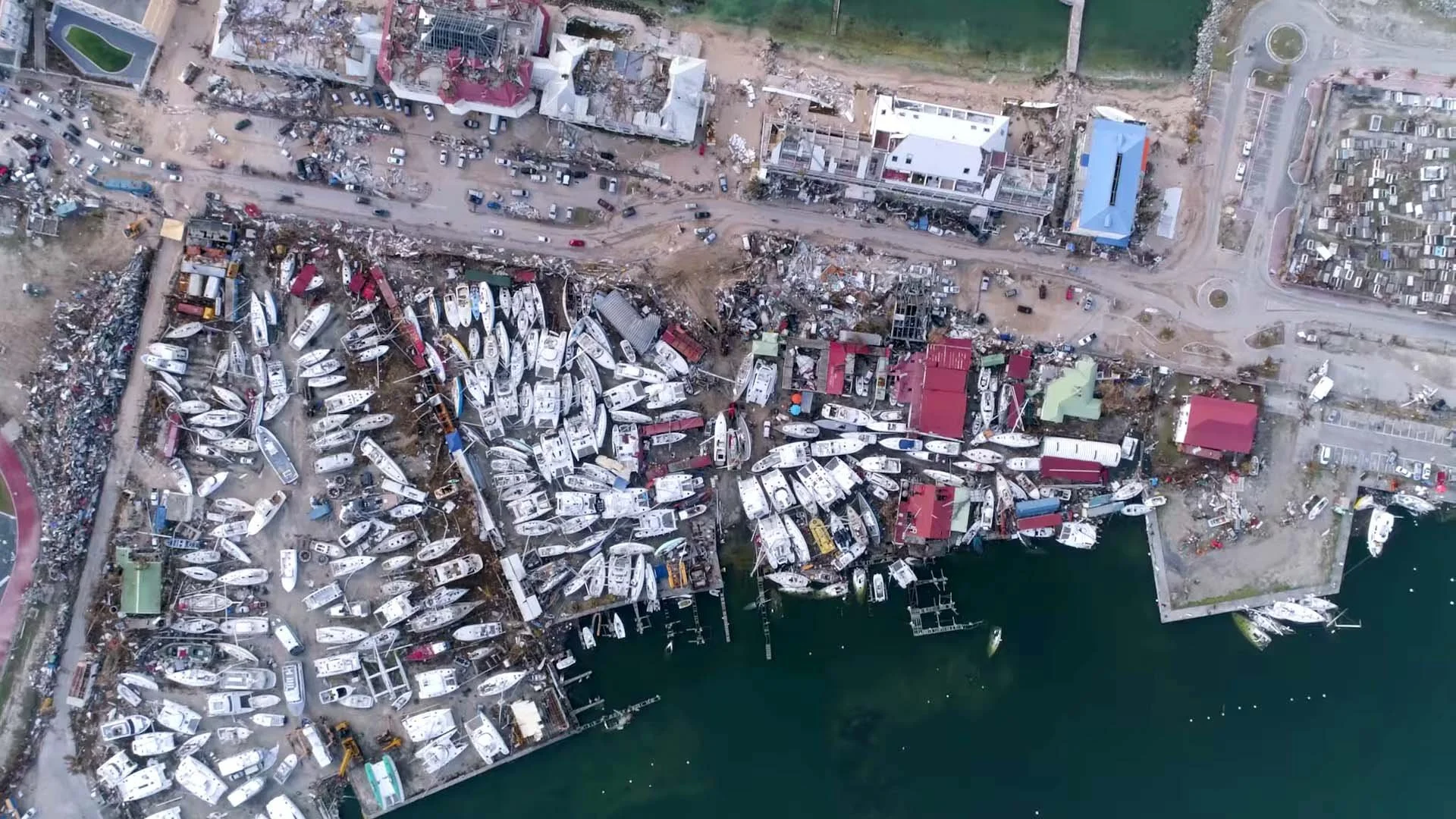 Aerial drone view of St Martin after Hurricane Irma, showing widespread storm damage, destroyed buildings and the scale of devastation across the Caribbean island.