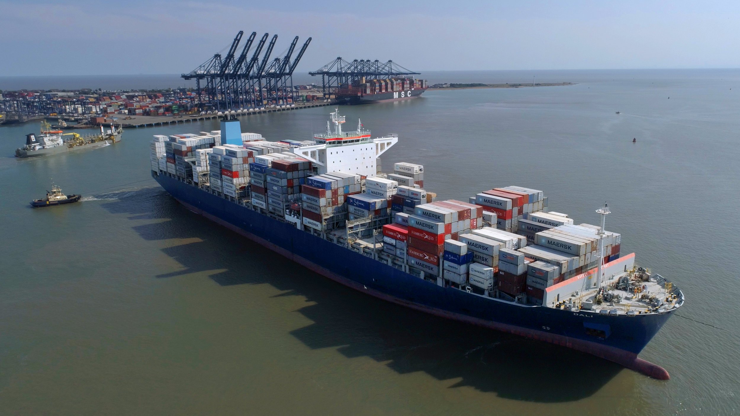 Lewis Whyld's aerial photograph of a large container ship at London Gateway Port, showcasing his ability to work in some of the most restricted and safety critical airspace.