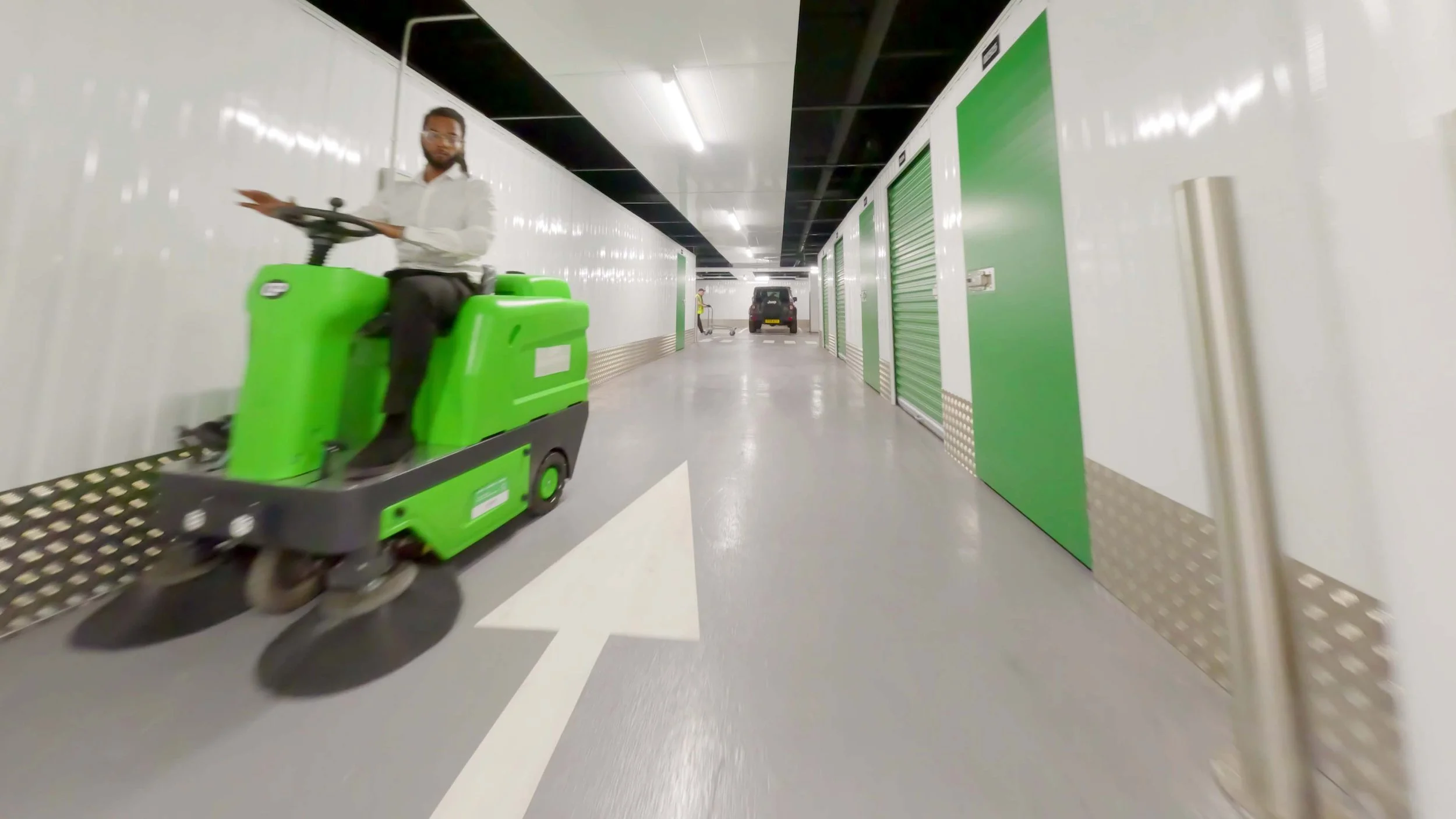 FPV drone view inside Self Storage Concierge in central London, showing the clean storage corridors, premium facility interior and customer-facing commercial space.