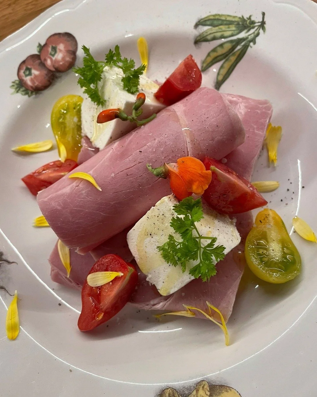 Another special from the kitchen: Prosciutto Cotto (cooked ham) with Castillon Frais and our own garden-grown tomatoes.

Castillon Frais is a fresh sheep&rsquo;s milk cheese made using milk from Sardinian &lsquo;Sarda&rsquo; sheep. The &ldquo;frais&r