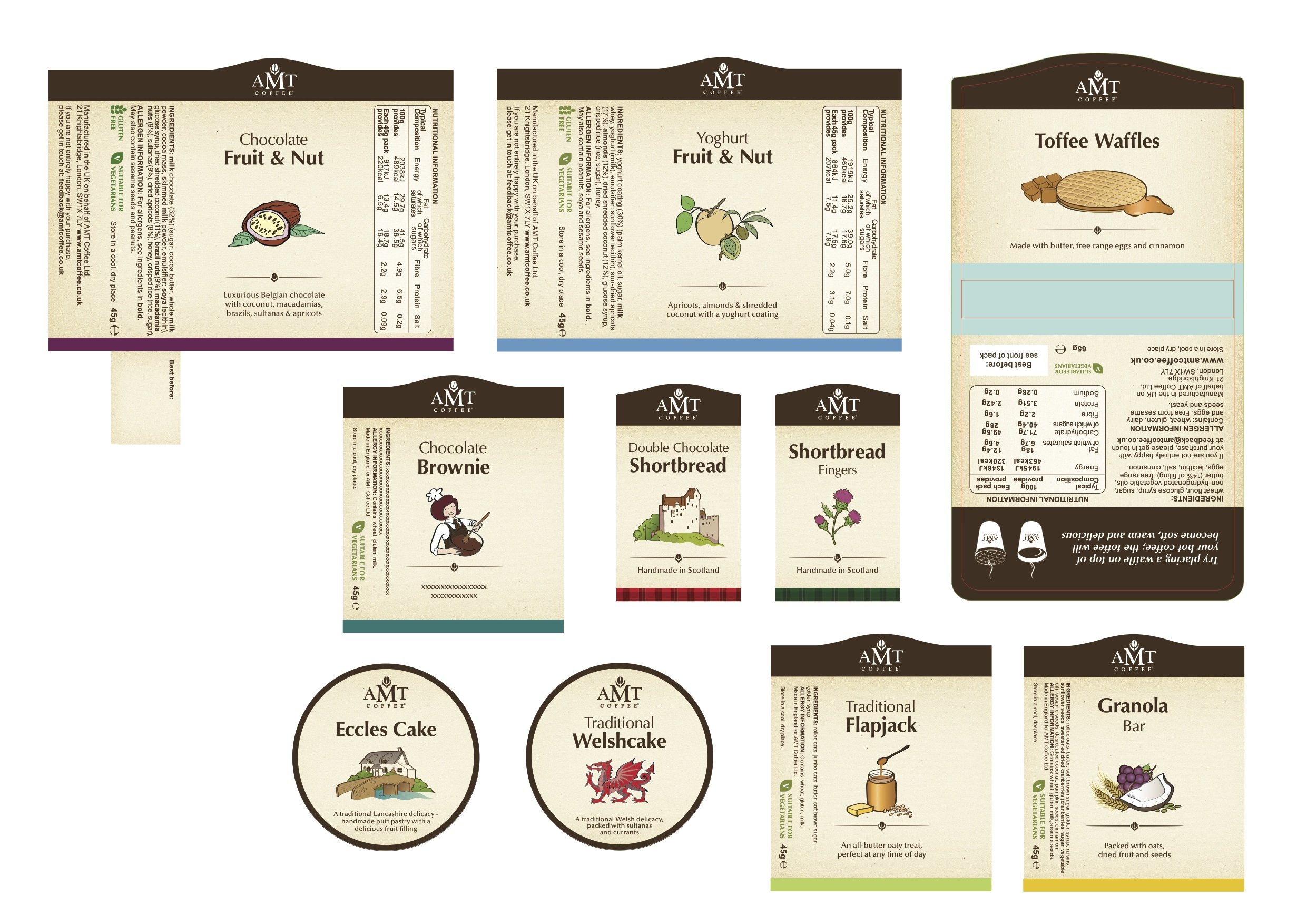 Product information labels and stickers with custom illustrations, for snacks sold at AMT Coffee bars across the UK.