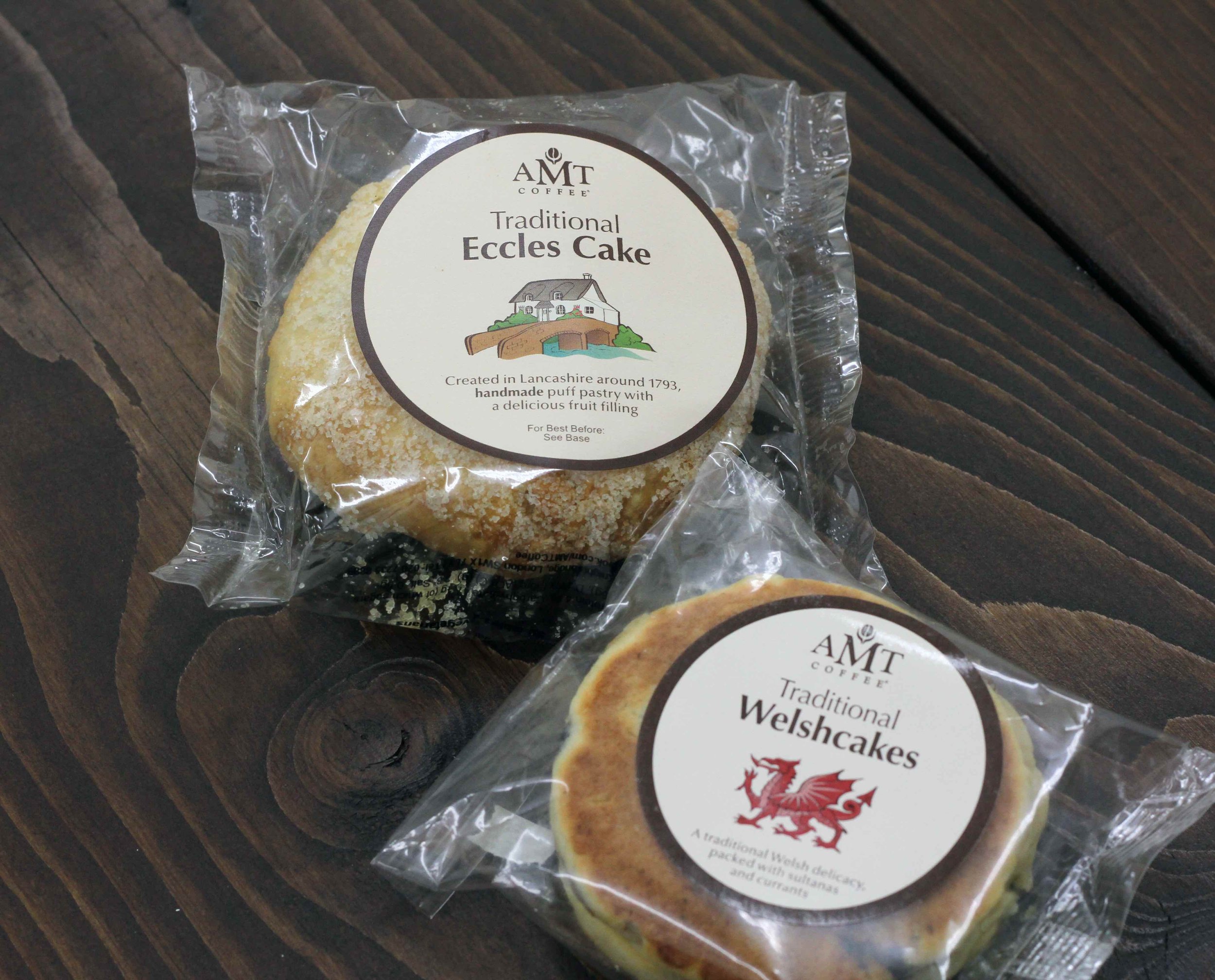 Packaging labels with custom illustrations for snacks sold by AMT Coffee, including welshcakes and eccles cakes.