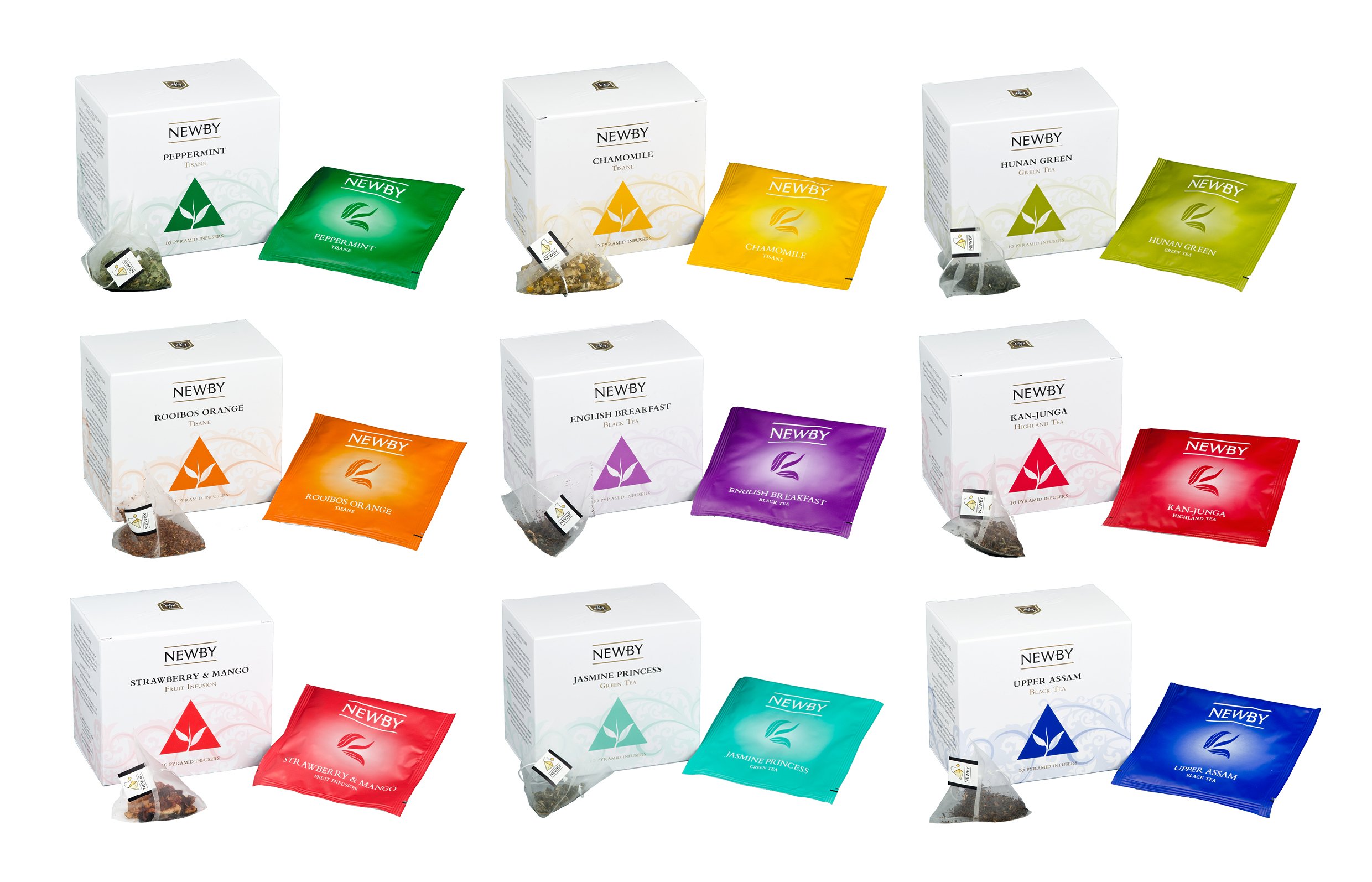Newby Teas pyramid teabag product range, with foiled, embossed packaging, and different spot colours used for the different types of tea.