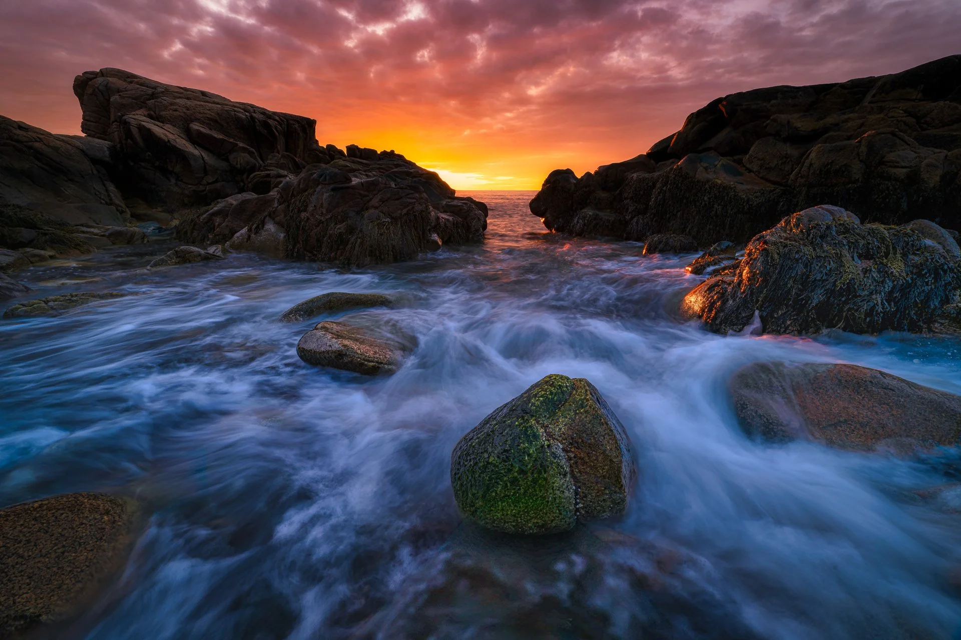Sunrise and crashing waves along Maine's southern coast