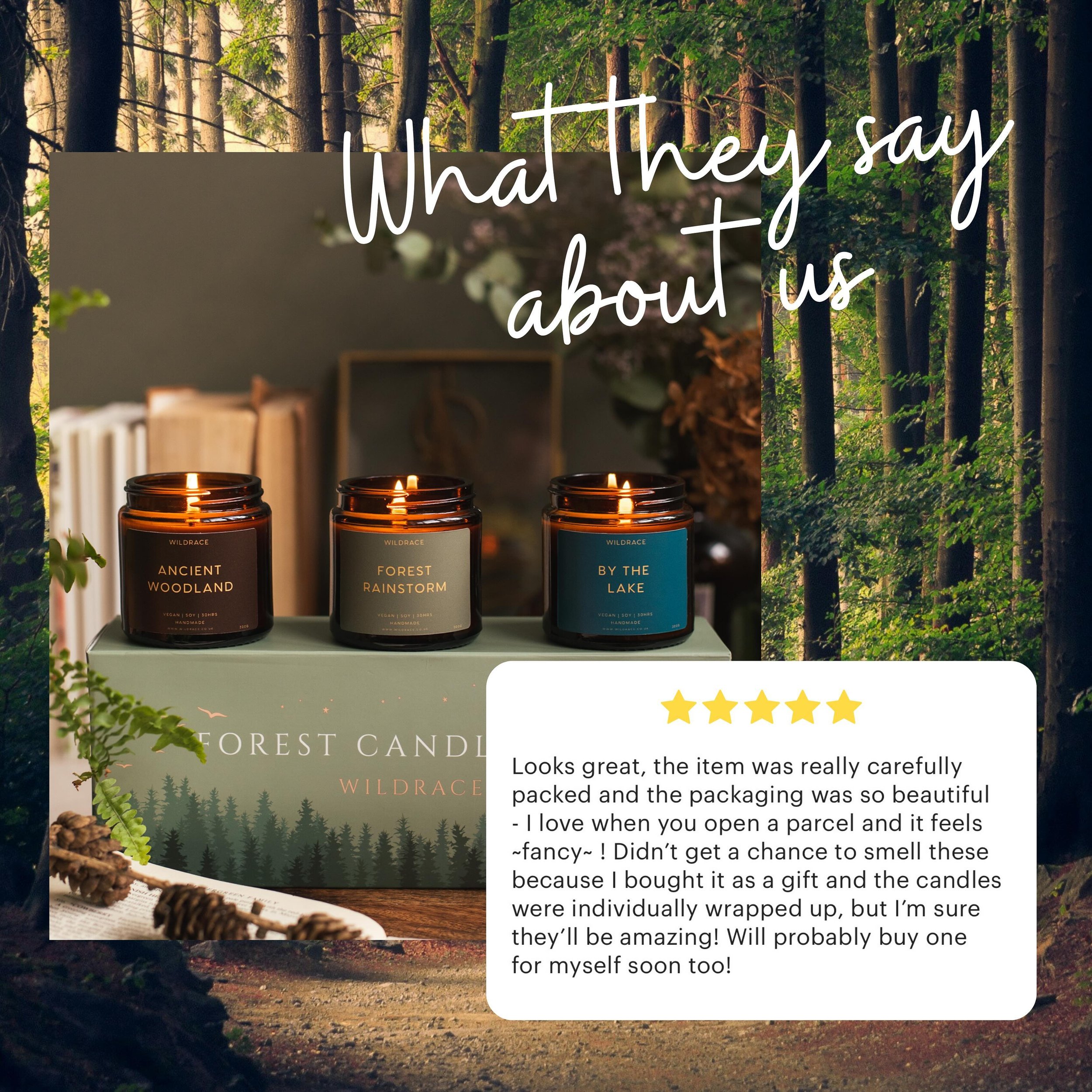 Our customers are loving the new gift sets, this is my favourite review so far, so happy the fancy packaging has been appreciated 🌲 

Did you know, we have a second gift set coming this year 😍

#wildrace #candlereviews #candlegiftset