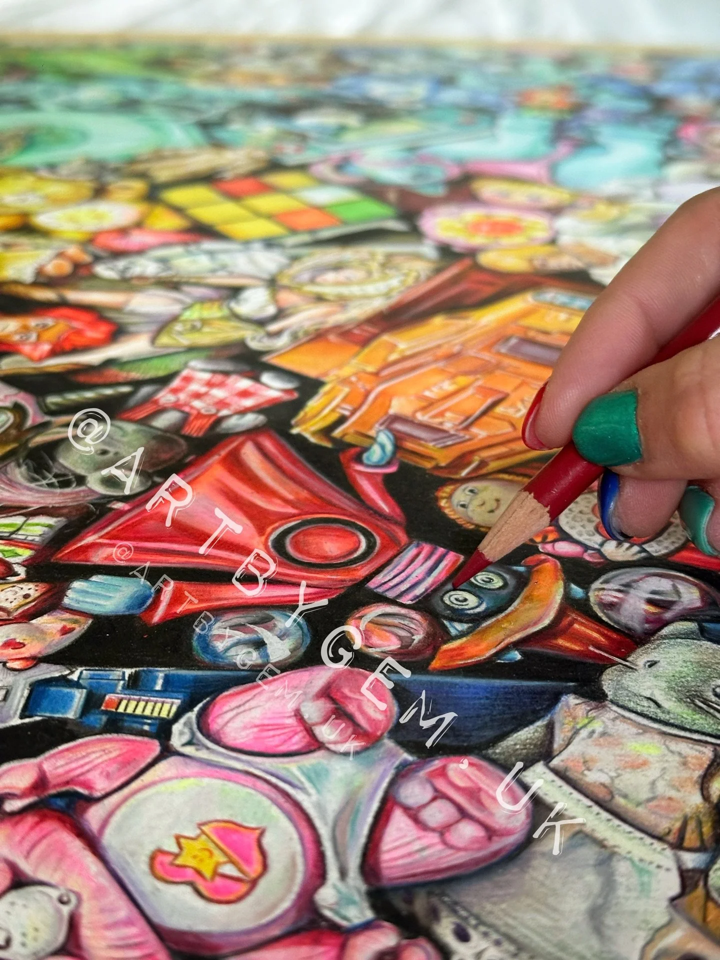 &ldquo;Still working into the smallest corners&hellip;
layers of colour, tiny details, little fragments of memory all sitting side by side.

This piece has taken years to build like this &mdash; slowly, patiently.

I&rsquo;m nearly there now, and I&r