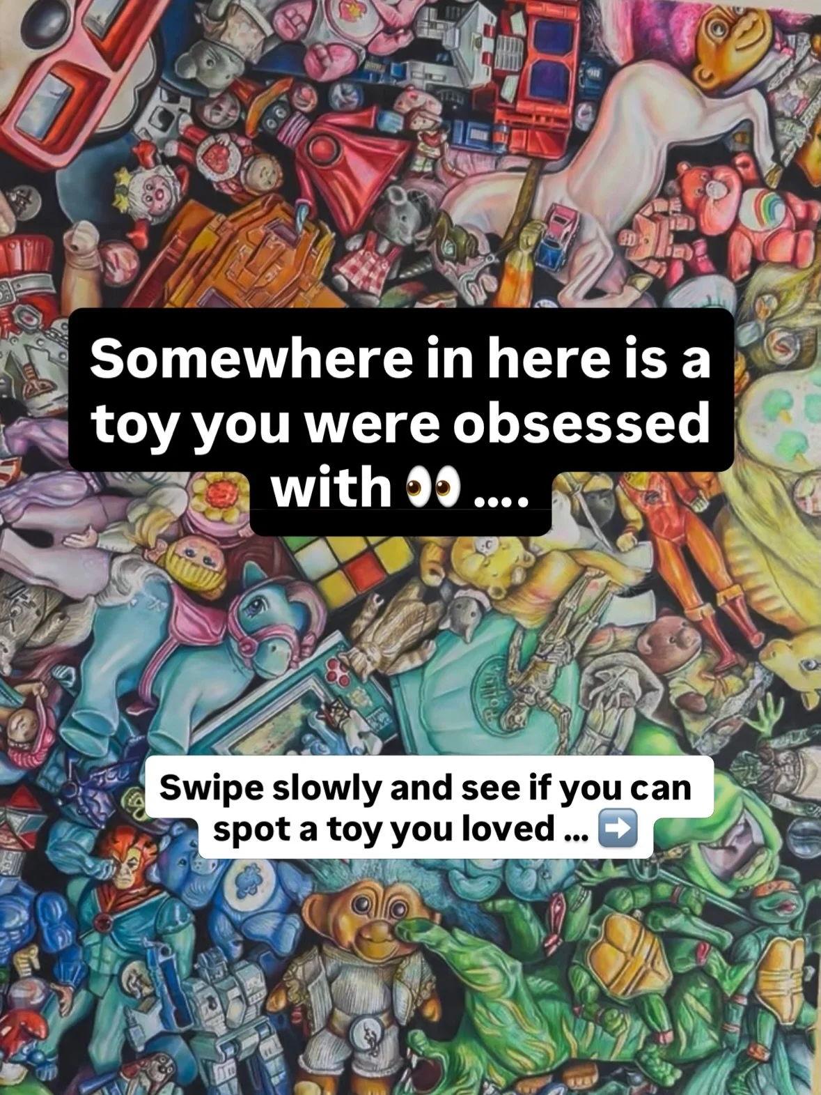 Take a zoom in to your childhood memories ✨

Every tiny detail was hand drawn
The toys, colours, cartoons, games and little bits of childhood so many of us grew up with.

I wanted it to feel chaotic in the best way&hellip;
like walking into an 80s to