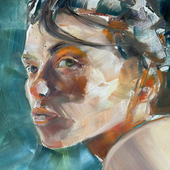 Close-up of an oil painting by Gem of a woman's face in profile with green eyes and short hair.