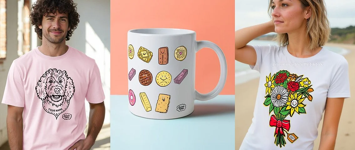 A collage featuring a man wearing a pink T-shirt with a dog illustration, a white mug with colorful biscuit illustrations, and a woman wearing a white T-shirt with a bouquet of flowers design. all designs by Gemma Doodle and available to buy