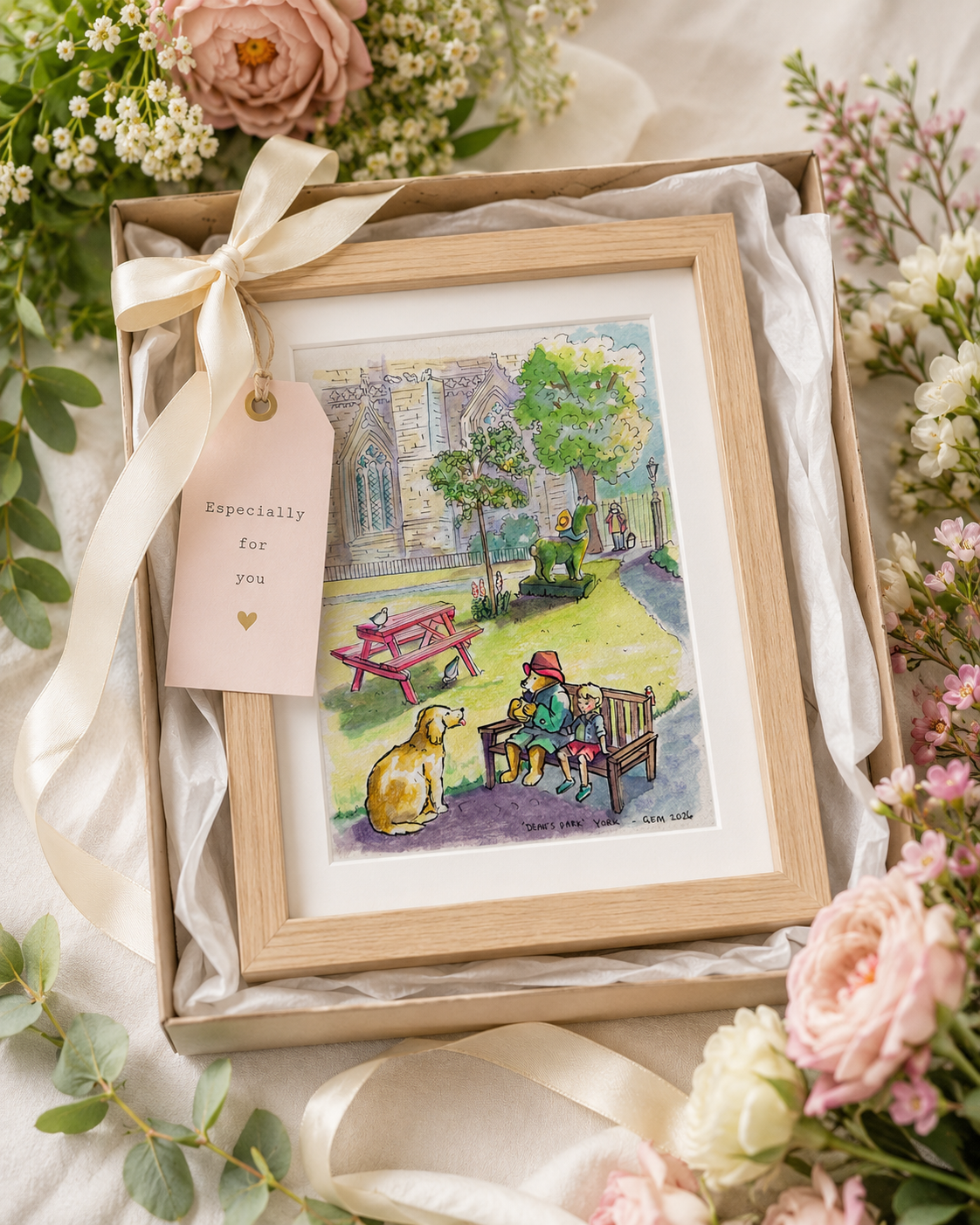 A hand drawn illustration of Paddington on a bench at Deans Park in York, drawn by Art by Gem