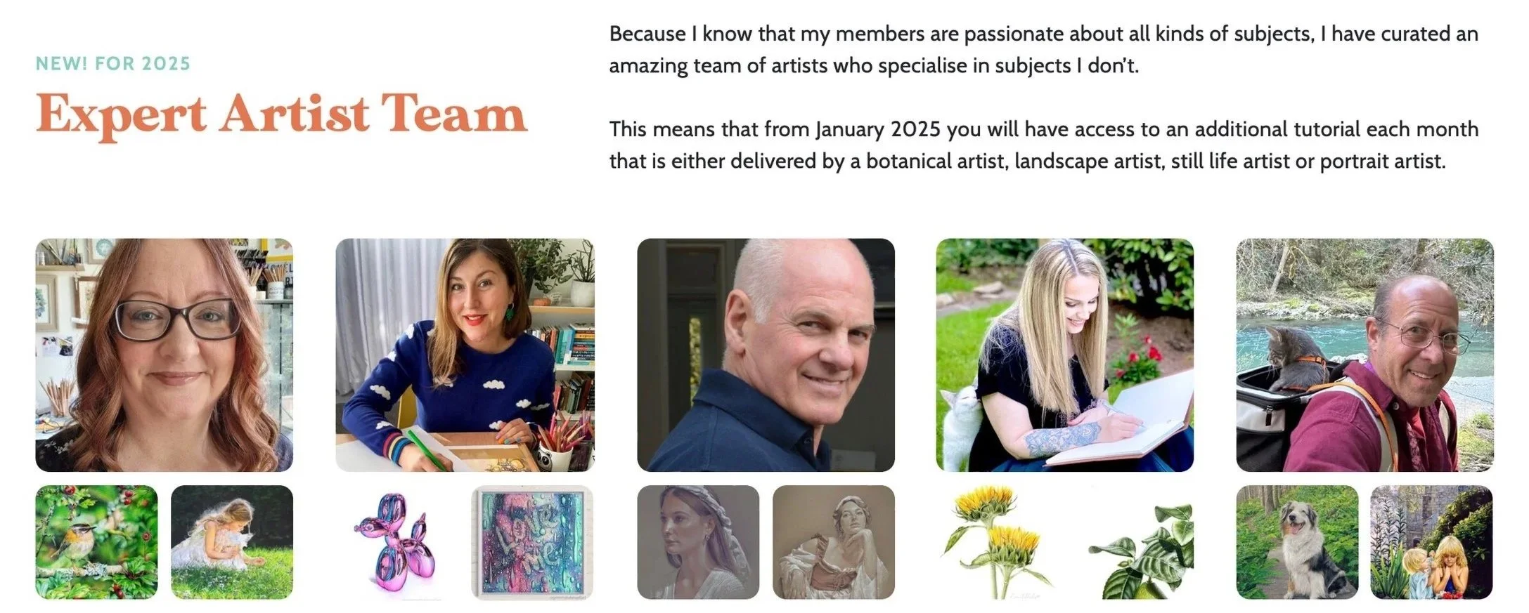 Introduction to an expert artist team with photos of diverse artists, nature scenes, and artworks.