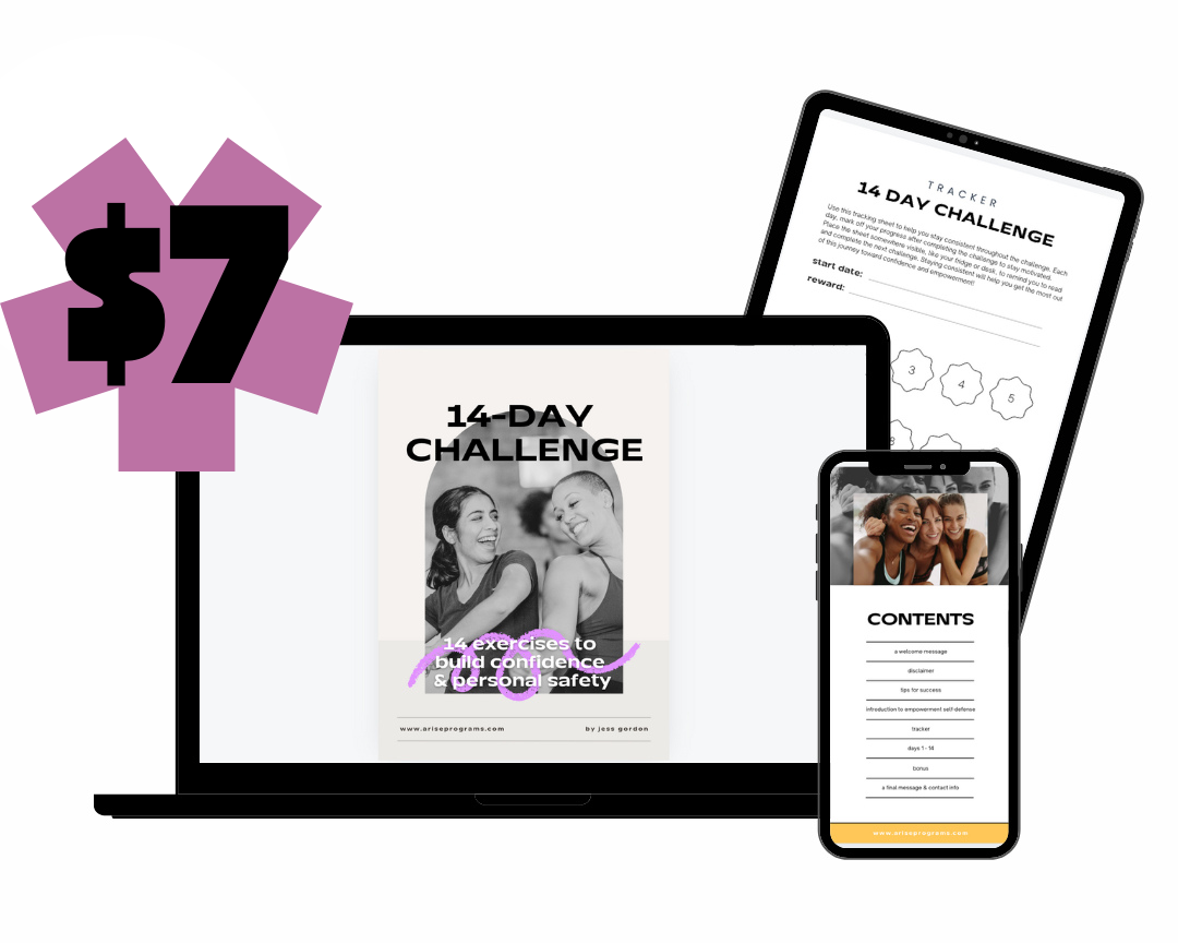 Digital devices displaying a 14-day challenge program about exercises and confidence building, with a group of smiling women in an inset photo and a pink price tag indicating $7.