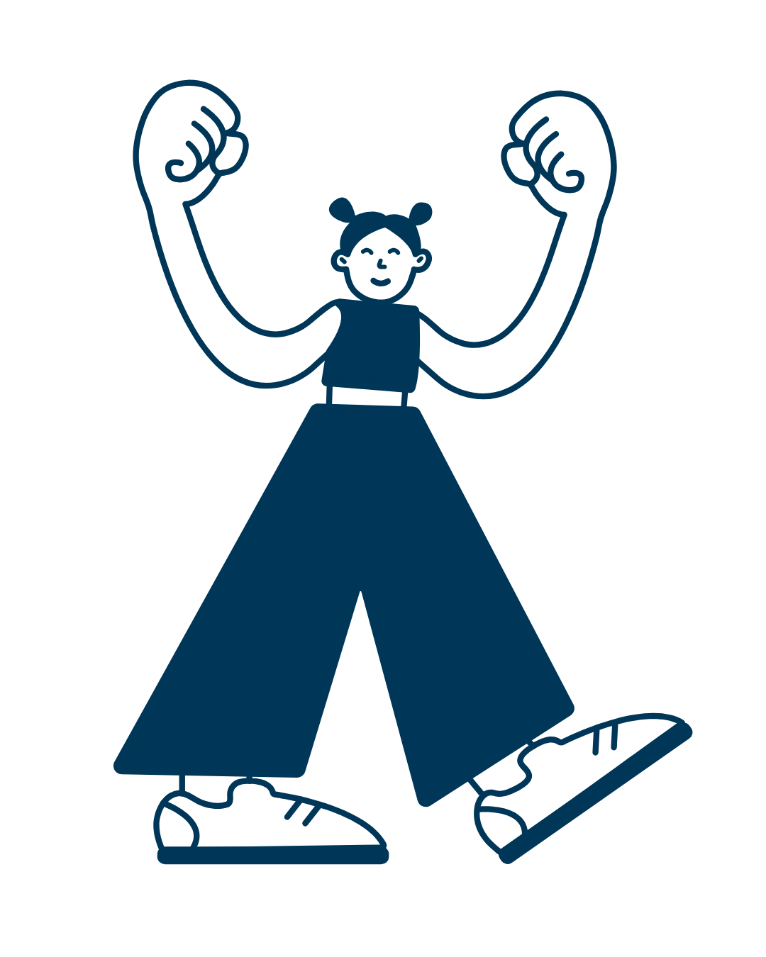 Illustration of a girl with pigtails wearing a tank top and wide-legged pants, standing with arms raised and fists clenched, in a superhero pose, with sneakers on her feet.
