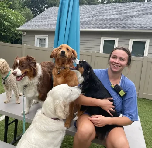 A woman in a blue shirt sitting on a bench surrounded by multiple dogs, smiling, in a backyard with a house and a fence in the background at Katie’s Kennel in Omaha, NE