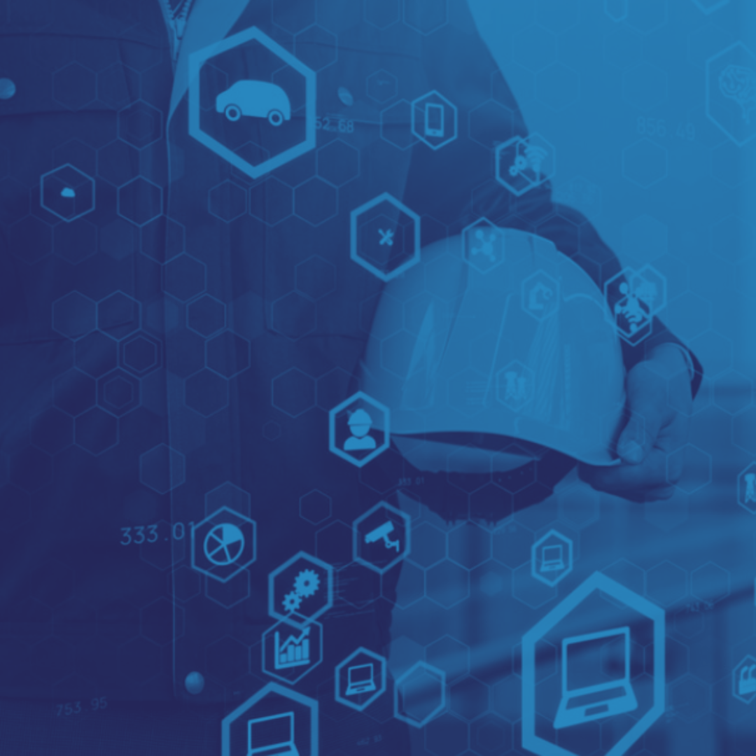 Person in a suit holding a safety helmet with digital icons and hexagon patterns related to technology, safety, and innovation overlaid.