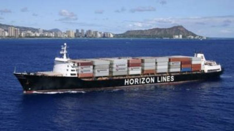 A cargo ship labeled Horizont Lines sailing on the ocean with a city and mountain in the background.