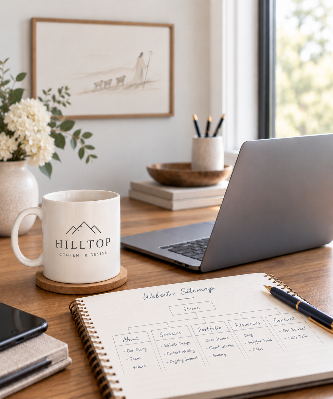 Website planning workspace with Hilltop Content & Design mug, laptop and hand-drawn website sitemap