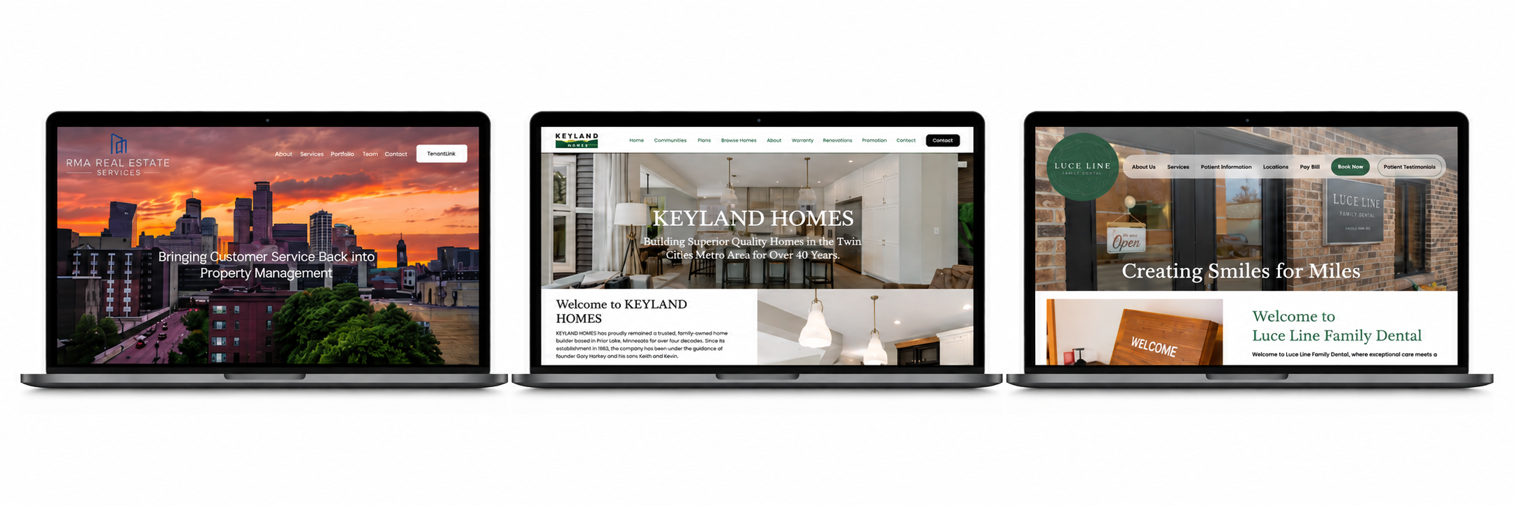 Custom website designs by Hilltop Content & Design for RMA Real Estate Services, Keyland Homes and Luce Line Family Dental