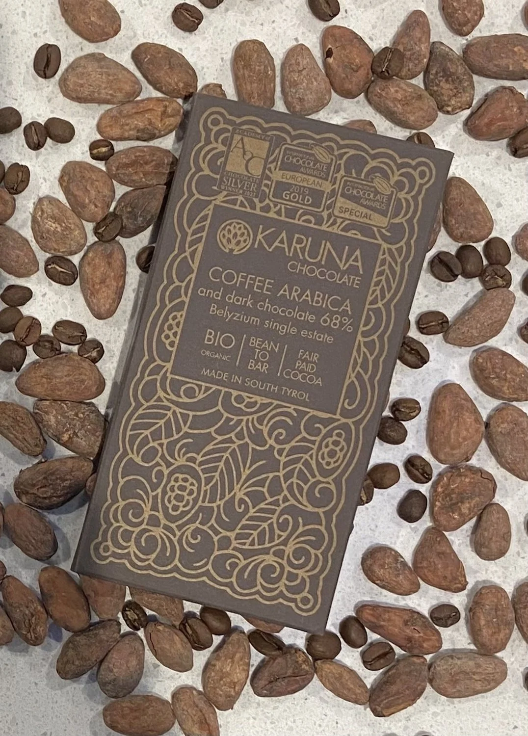 Karuna Chocolate’s Coffee Arabica and Dark Chocolate 68%, made with cacao from Belize
