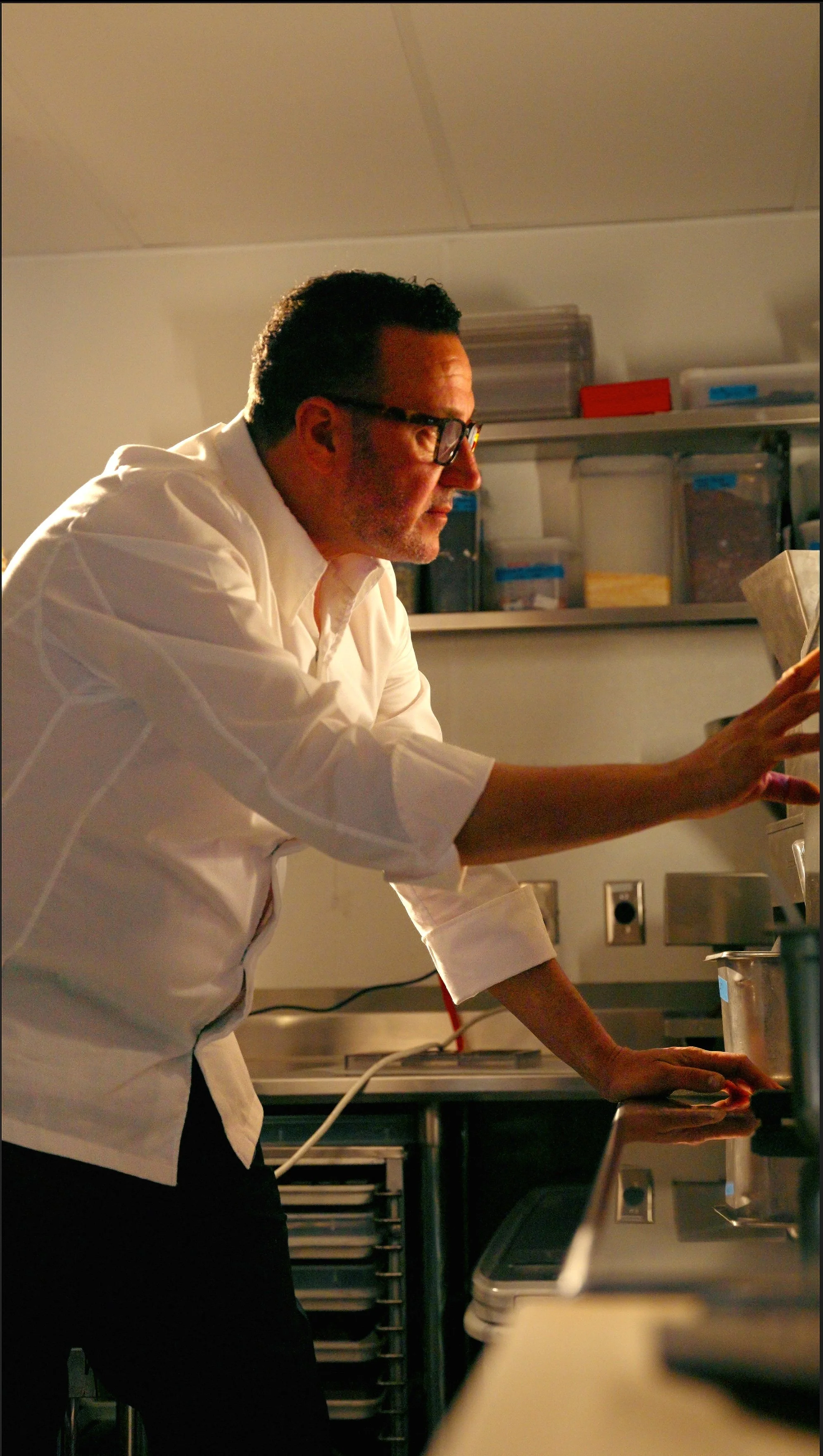 Pastry chef Vincent Donatelli making chocolate