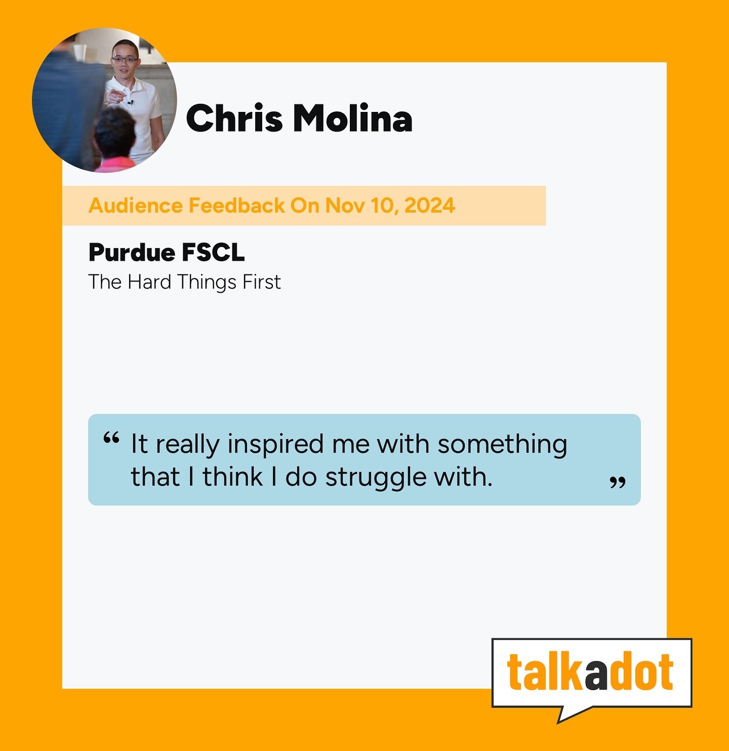 Earlier this week I got to speak at Purdue University and the feedback was GREAT!!

I really love this job!