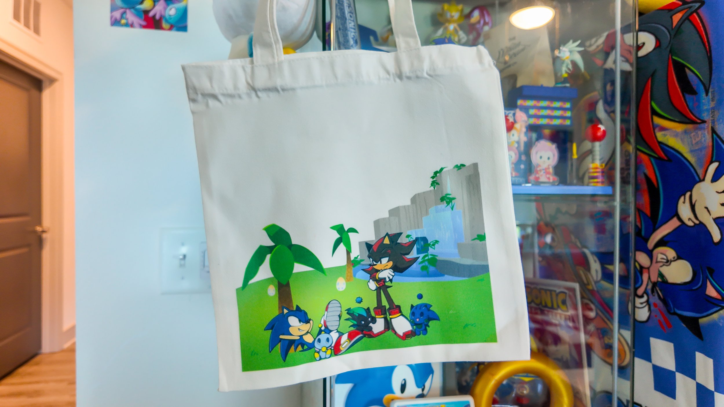 Sonic and Shadow in the chao garden tote bag
