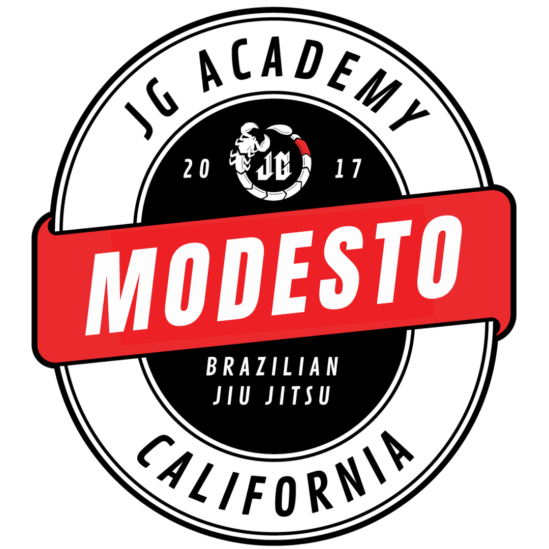 Logo for Modesto Brazilian Jiu Jitsu, JG Academy, California, 2017, with a red banner across the center.