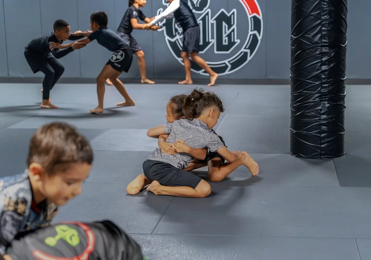 Children practicing and wrestling in a martial arts gym, some hugging on the mat, with others sparring in the background.