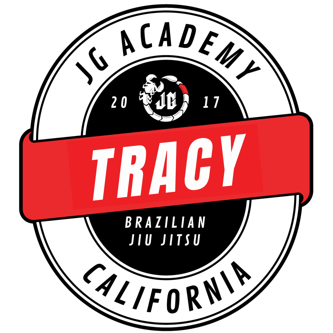 Logo for JG Academy in California with a red banner displaying the name Tracy, focused on Brazilian Jiu Jitsu, with black, white, and red design elements.