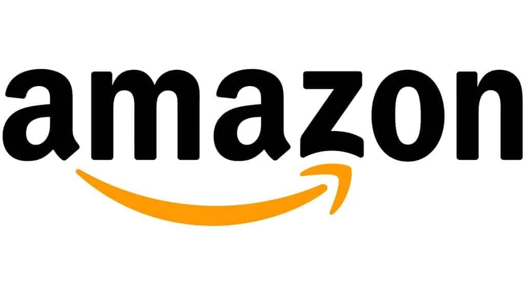 Amazon logo with black text and an orange curved arrow forming a smile underneath.