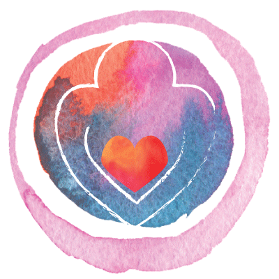 Colorful watercolor painting of a cloud with two nested hearts inside, surrounded by a pink circular border.