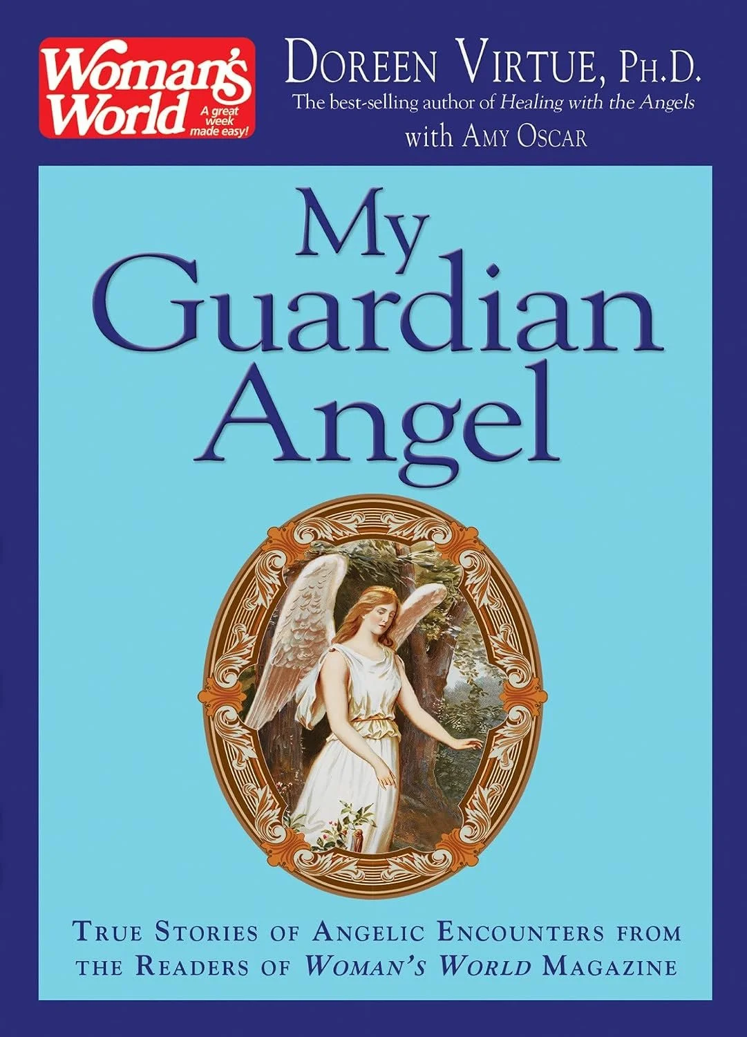 Book cover titled 'My Guardian Angel' by Doreen Virtue, Ph.D., with a painting of an angel with white wings in a forest scene, framed in ornate gold.